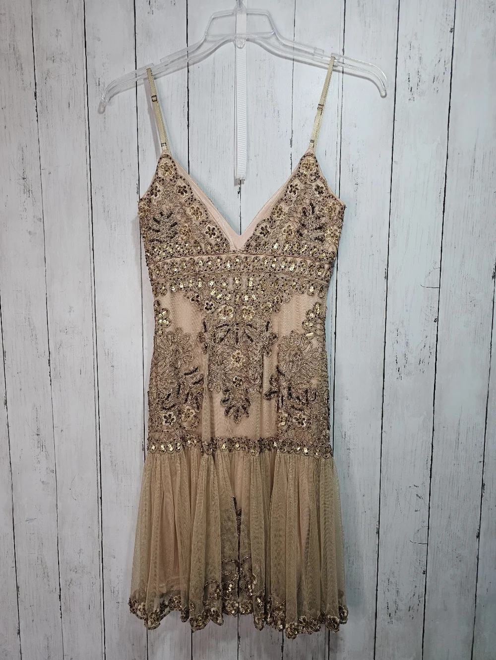 Sue Wong Nocturne Champagne Embroidered Beaded Drop Waist Dress Size 4 Lined. - Picture 12 of 13